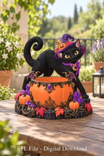 Halloween Witch Cat Pumpkin Bowl STL File for 3D Print - Model preview 5
