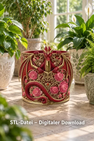 Red Floral Dragon Flower Pot STL File for 3D Print - Model preview 3