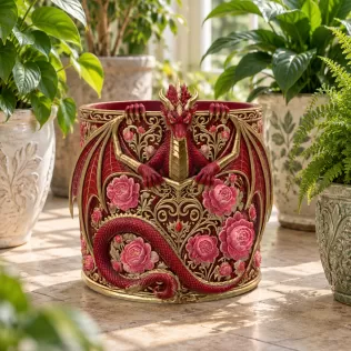 Red Floral Dragon Flower Pot STL File for 3D Print - Model thumbnail 3