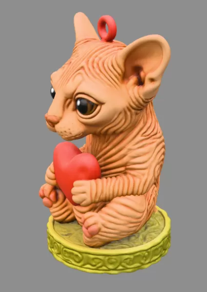 Beautifully sculpted Sphynx cat holding a heart - Model preview 3