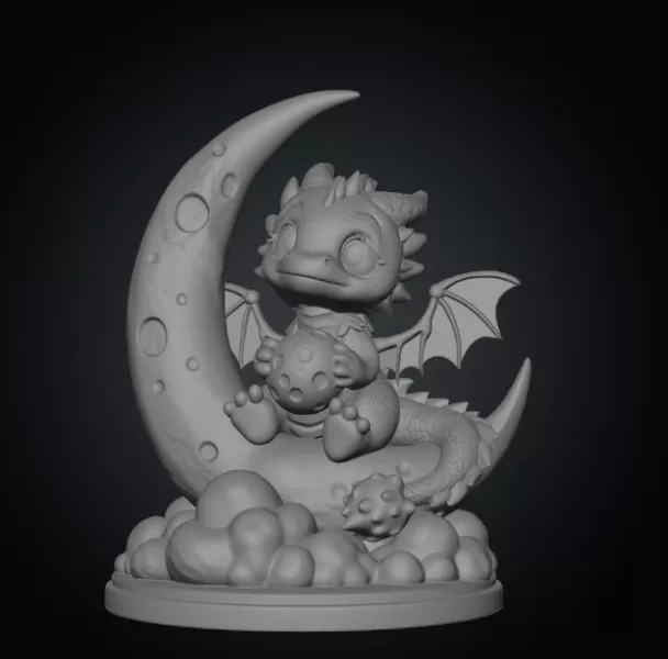 Moon Baby Dragon STL File 3D Printable Fantasy Dragon Figurine - Model preview 7