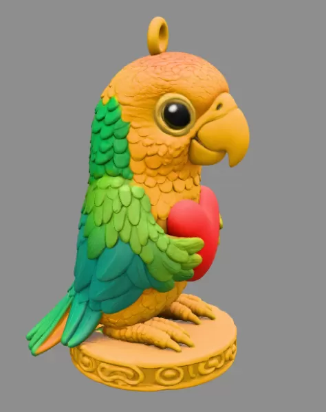 Colorful Parrot Pendant Holding a Heart – Cute Bird Pendant - Model preview 5