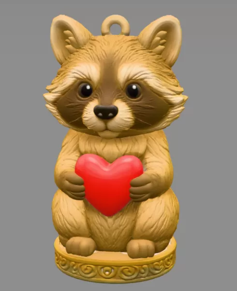 Cute Woodland Raccoon STL File – Heart Ornament 3D Print Downloa - Model preview 3