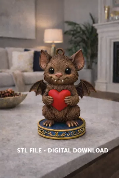 Gothic Cute Bat Holding Heart STL – 3D Print Animal Ornament - Model preview 2