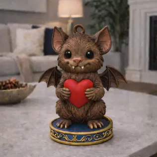 Gothic Cute Bat Holding Heart STL – 3D Print Animal Ornament - Model thumbnail 2