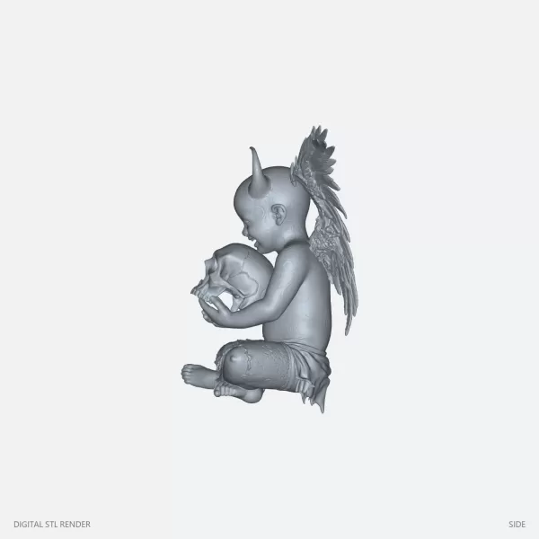 Horned Winged Cherub with Skull - STL - Model preview 3