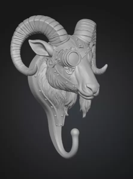 Steampunk Ram Head Wall Hook – 3D Printable STL - Model preview 5