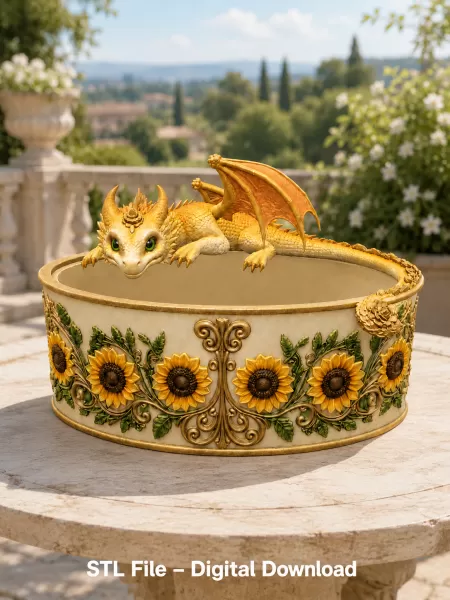 Golden Sunflower Dragon Planter STL File for 3D Print - Model preview 4
