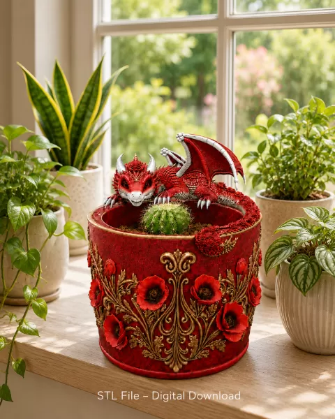 Crimson Poppy Dragon Planter STL File for 3D Print - Model preview 4