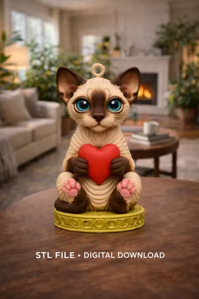Beautifully sculpted Sphynx cat holding a heart - Model preview 7