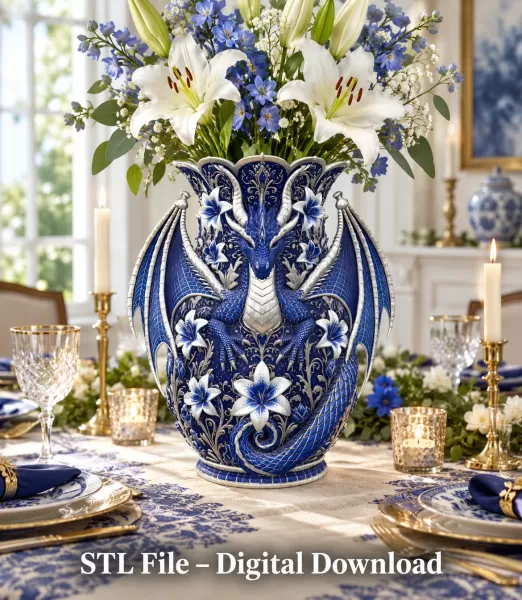 Royal Blue Lily Dragon Vase STL File for 3D Print - Model preview 3
