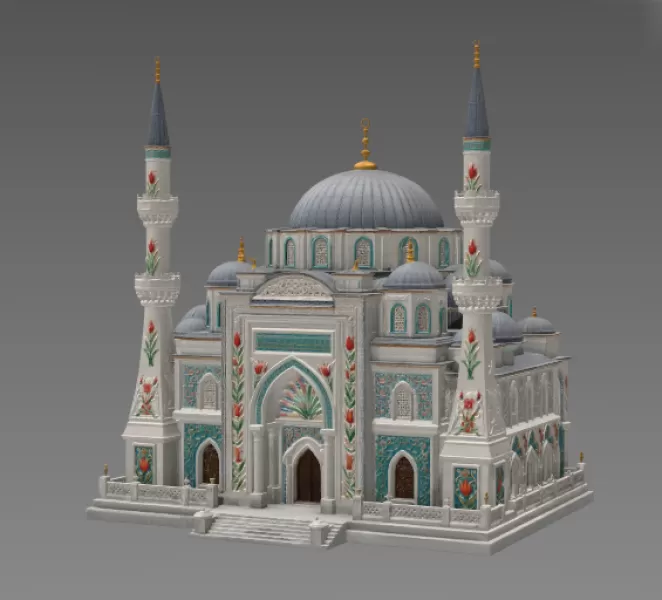 Blue Dome and Twin Minaret Architecture STL File for 3D Print - Model preview 8