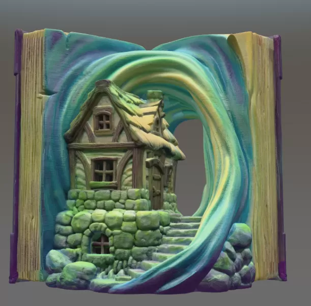 Fantasy Book Nook Cottage STL File 3D Printable Bookend Diorama - Model preview 1