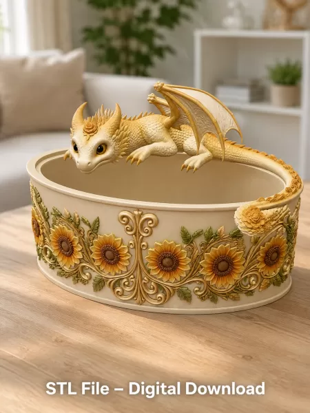 Golden Sunflower Dragon Planter STL File for 3D Print - Model preview 1
