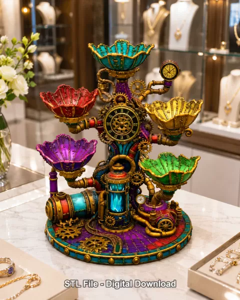 Steampunk Lotus Jewelry Organizer STL File for 3D Print - Model preview 1