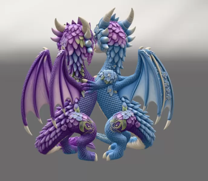 Romantic Floral Dragon Couple STL File for 3D Print - Model preview 11