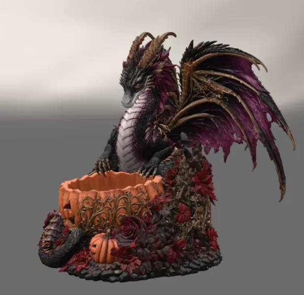 Gothic Halloween Dragon Pumpkin Bowl STL File for 3D Print - Model preview 9