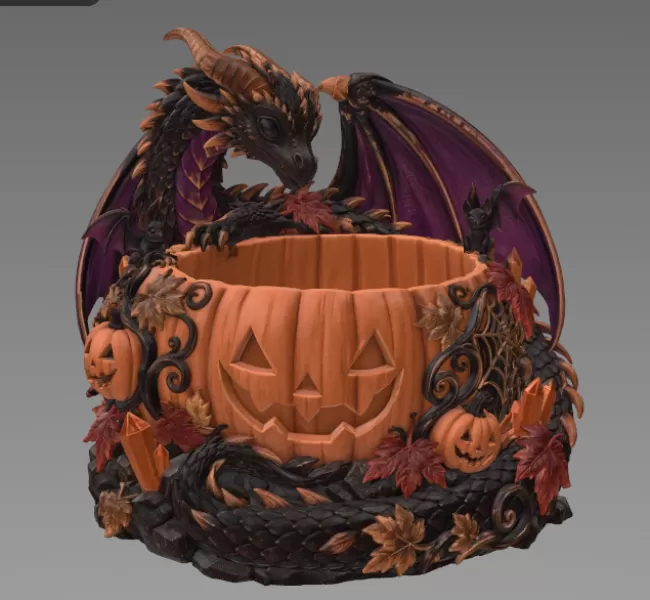 Halloween Dragon Pumpkin Bowl STL File for 3D Print - Model preview 8