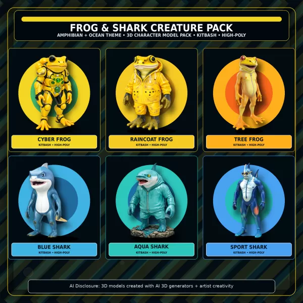 Frog & Shark Creature Pack – Amphibian Ocean Character Kitbash - Model preview 1