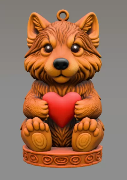 Adorable wolf / husky / dog figurine holding a heart pendant - Model preview 1