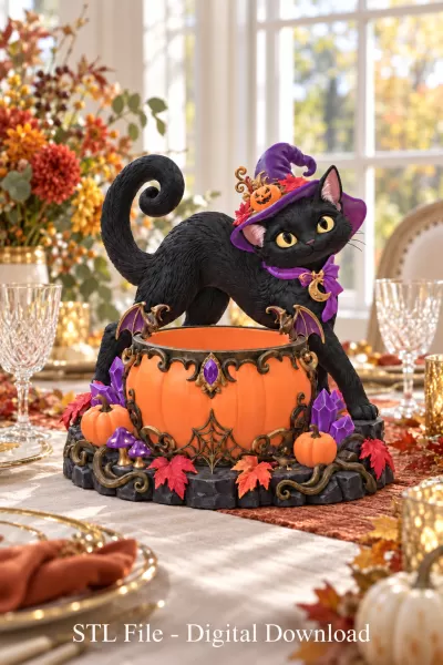 Halloween Witch Cat Pumpkin Bowl STL File for 3D Print - Model preview 3