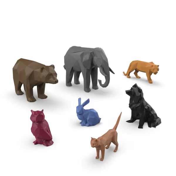 3D Low Polygonal Animals Set, Owl; Tiger; Cat; Elephant; Rabbit - Model preview 3