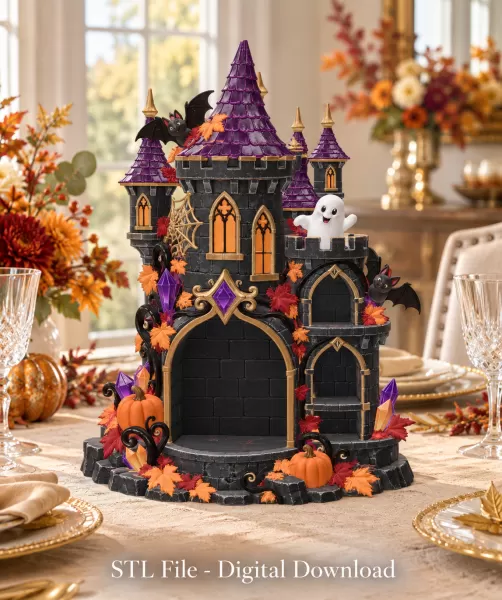 Haunted Halloween Castle LED Candle Holder STL File for 3D Print - Model preview 3