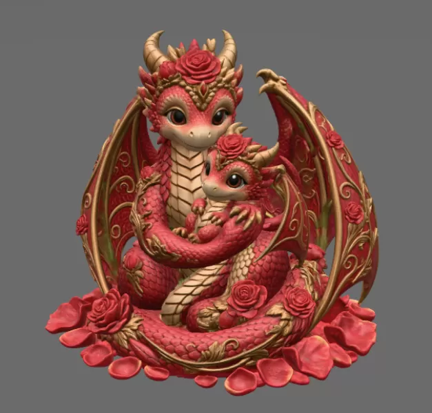Rose Dragon Mother and Baby STL File for 3D Print - Model preview 6