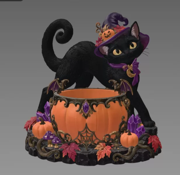 Halloween Witch Cat Pumpkin Bowl STL File for 3D Print - Model preview 7