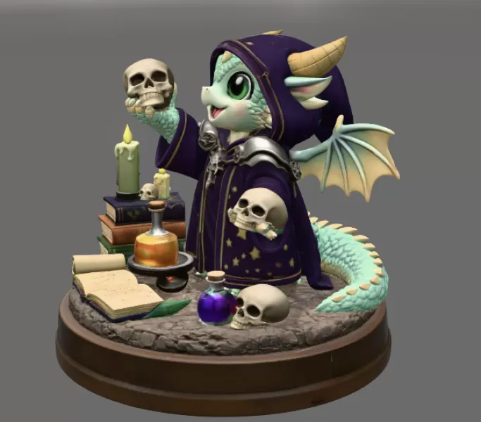 Cute Fantasy Mage Dragon STL File for 3D Printing - Model preview 4