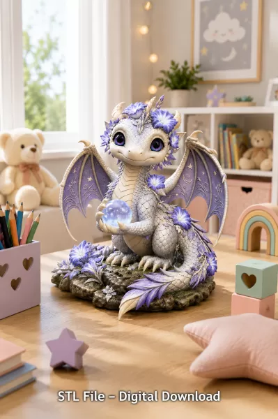 Cute Moonlight Dragon with Crystal Orb STL File for 3D Print - Model preview 1