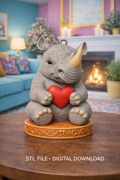 Cute Rhino Figurine With Heart — Pendant / Ornament - Model preview 6