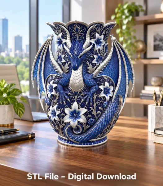 Royal Blue Lily Dragon Vase STL File for 3D Print - Model preview 5