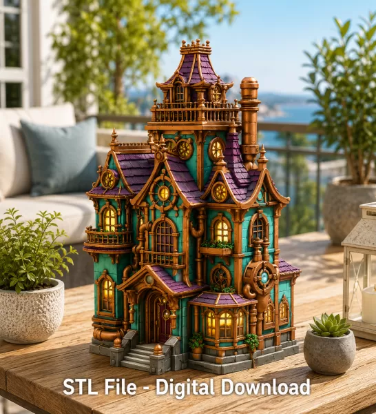 Whimsical Steampunk Manor STL File for 3D Print - Model preview 2