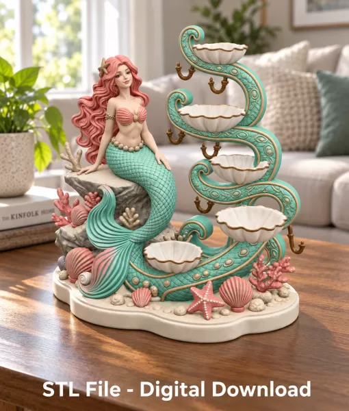 Mermaid Shell Jewelry Organizer STL File for 3D Print - Model preview 1