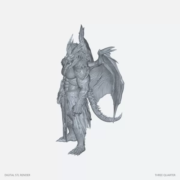 Armored Winged Dragonkin Statue - STL - Model preview 2