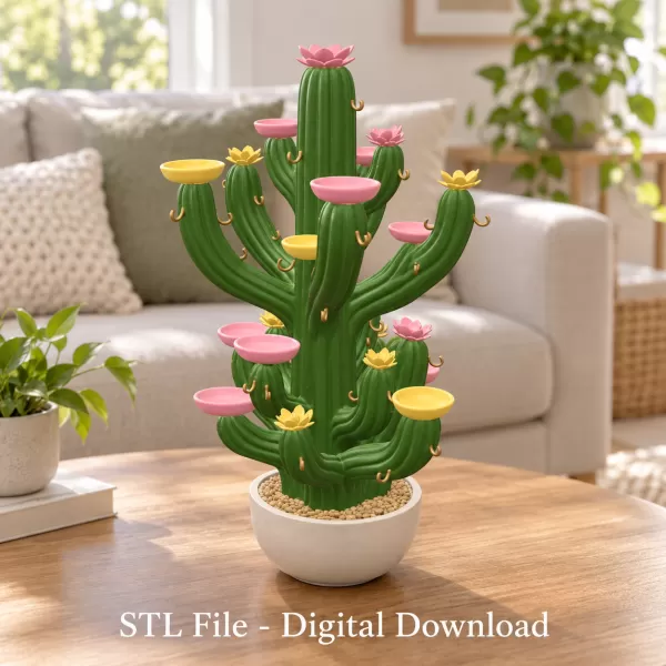 Blooming Cactus Jewelry Organizer STL File for 3D Print - Model preview 1