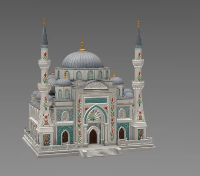 Blue Dome and Twin Minaret Architecture STL File for 3D Print - Model preview 7