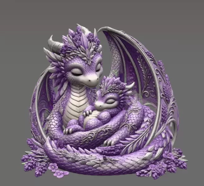 Lavender Dragon Mother and Baby STL File for 3D Print - Model preview 9