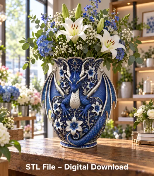 Royal Blue Lily Dragon Vase STL File for 3D Print - Model preview 6