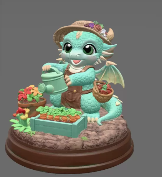 Cute Farmer Dragon Figurine STL File for 3D Printing - Model preview 3
