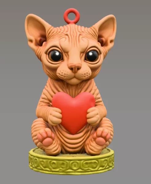 Beautifully sculpted Sphynx cat holding a heart - Model preview 2