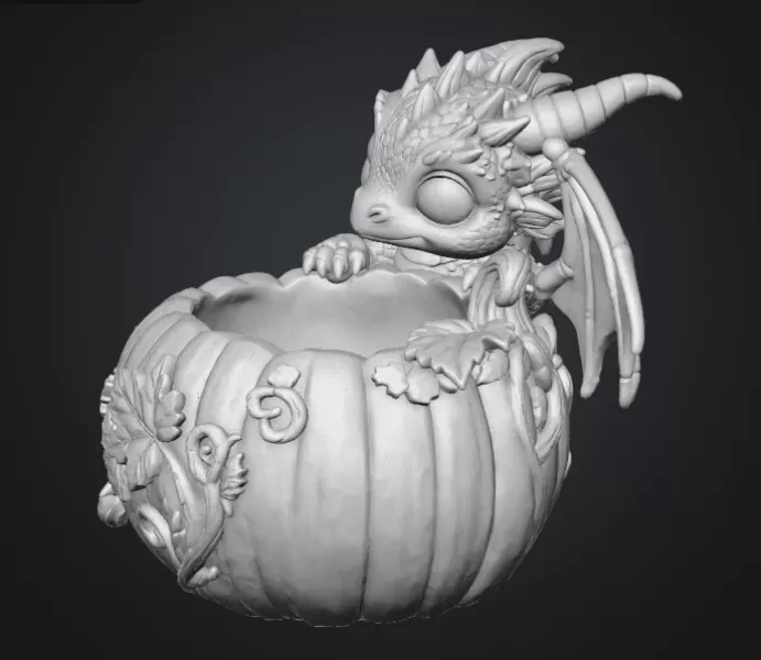 Autumn Baby Dragon Pumpkin Bowl STL File for 3D Print - Model preview 14