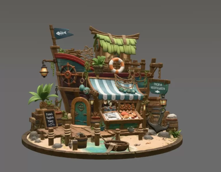 Floating Fish Market Boat STL File for 3D Print - Model preview 5