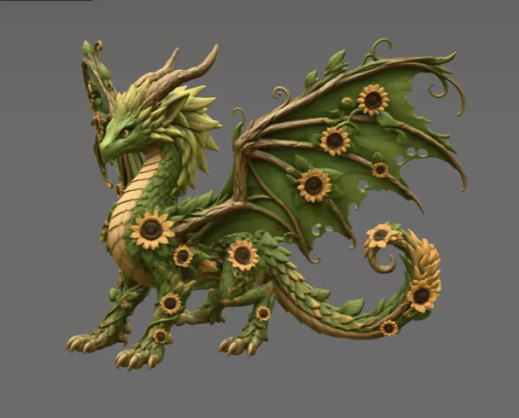 Sunflower Meadow Dragon STL File for 3D Print - Model preview 6