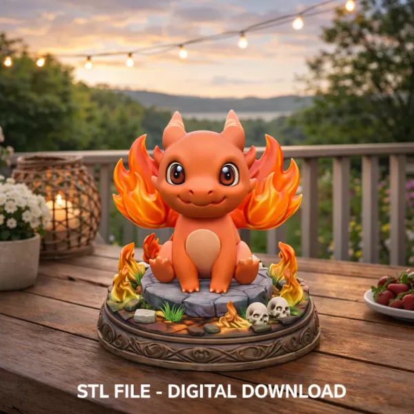 Fire Baby Dragon STL File 3D Printable Cute Fire Dragon Figurine - Model preview 1