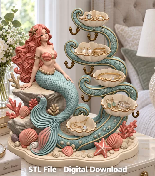 Mermaid Shell Jewelry Organizer STL File for 3D Print - Model preview 4