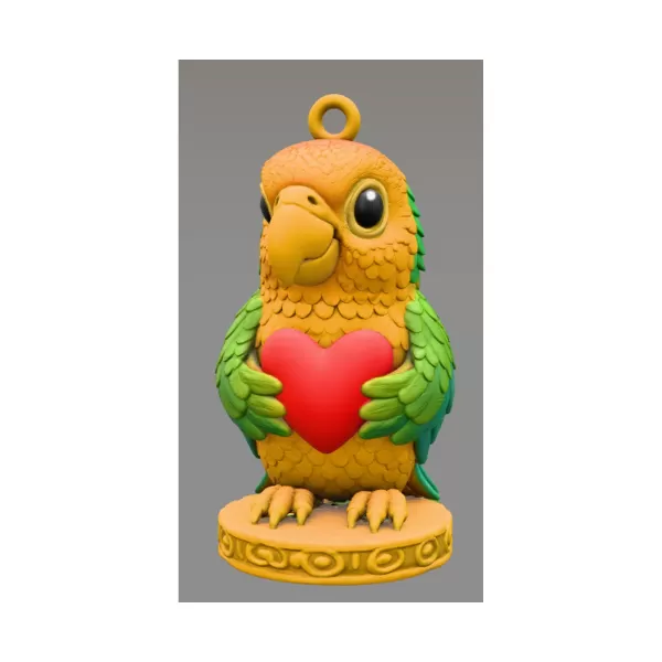 Colorful Parrot Pendant Holding a Heart – Cute Bird Pendant - Model preview 1
