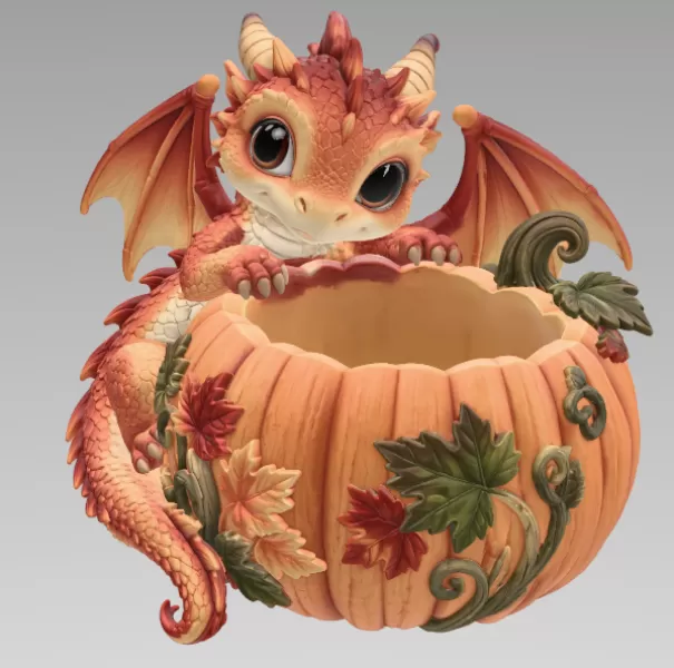Autumn Baby Dragon Pumpkin Bowl STL File for 3D Print - Model preview 7