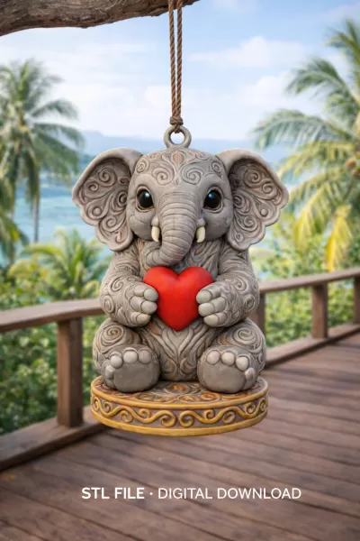 Cute Elephant Pendant — Heart Holding Figurine - Model preview 6
